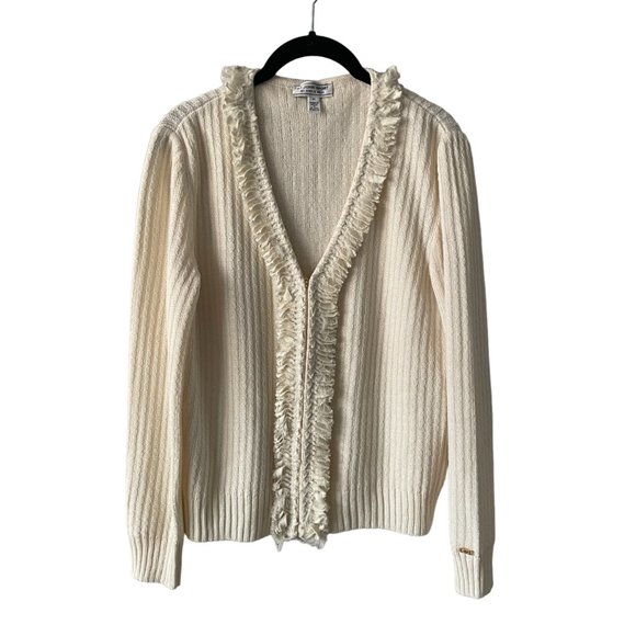 St. John Sweaters - St. John By Marie Gray Knit Sweater Zip-Up V-Neck Ruffles Cream Medium
